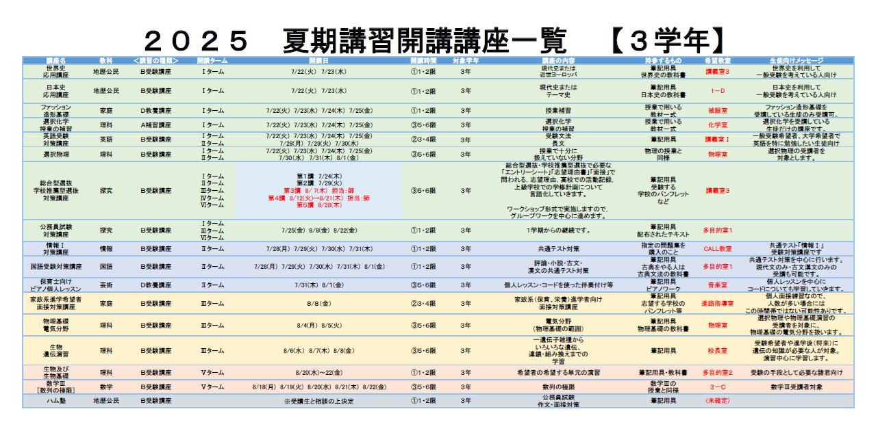 2025夏季講習一覧　3学年